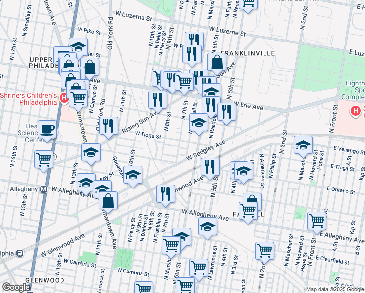 map of restaurants, bars, coffee shops, grocery stores, and more near 641 West Schiller Street in Philadelphia