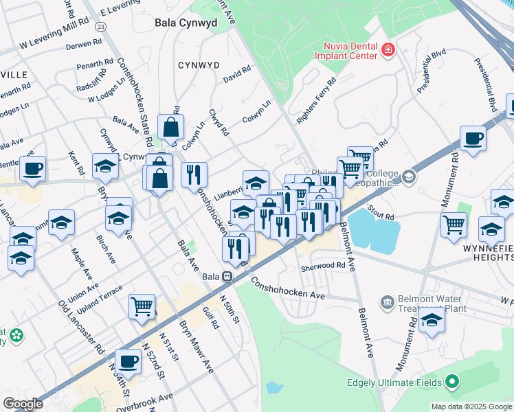 map of restaurants, bars, coffee shops, grocery stores, and more near 28 Llanberris Road in Bala Cynwyd