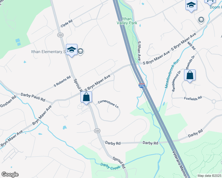 map of restaurants, bars, coffee shops, grocery stores, and more near 8 Stone Creek Lane in Bryn Mawr
