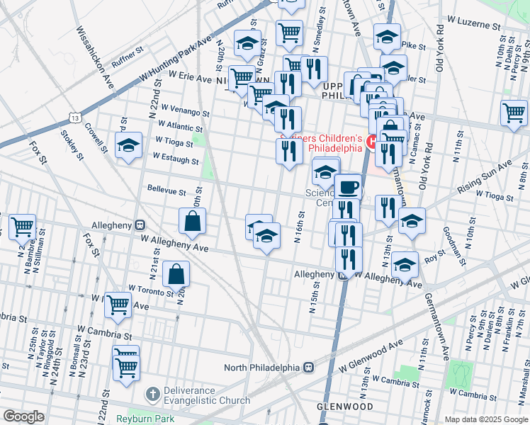 map of restaurants, bars, coffee shops, grocery stores, and more near 3321 North Bouvier Street in Philadelphia