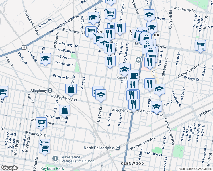 map of restaurants, bars, coffee shops, grocery stores, and more near 3321 North 17th Street in Philadelphia