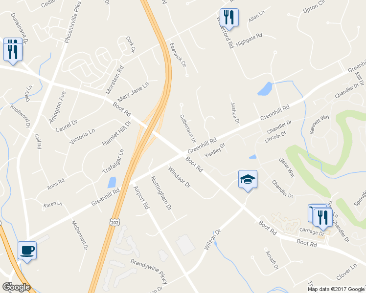 map of restaurants, bars, coffee shops, grocery stores, and more near Boot Road in West Chester