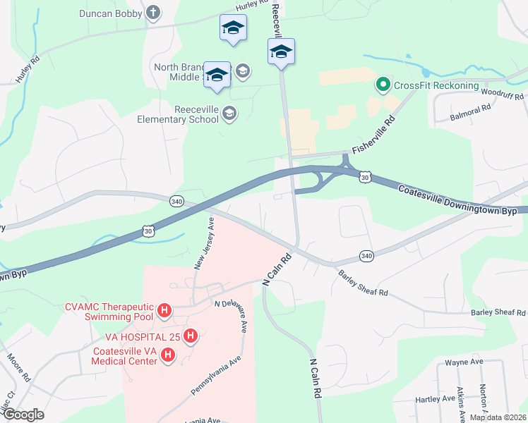 map of restaurants, bars, coffee shops, grocery stores, and more near 103 Collins Way in Coatesville