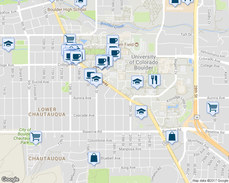 map of restaurants, bars, coffee shops, grocery stores, and more near in Boulder