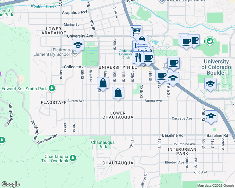 map of restaurants, bars, coffee shops, grocery stores, and more near 965 11th Street in Boulder
