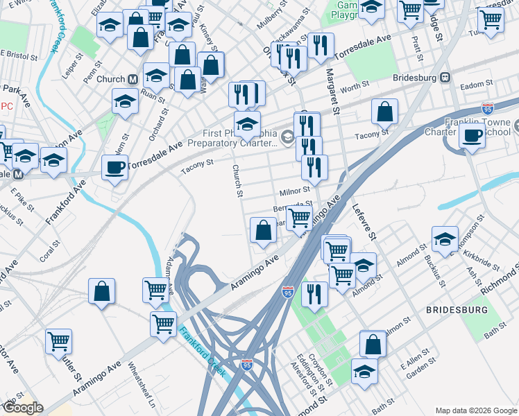map of restaurants, bars, coffee shops, grocery stores, and more near 4338 Milnor Street in Philadelphia