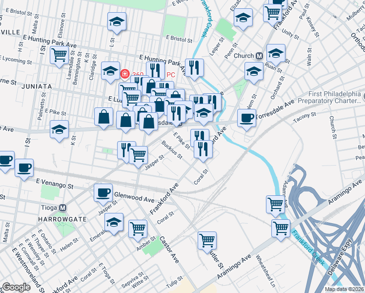 map of restaurants, bars, coffee shops, grocery stores, and more near 3879 Jasper Street in Philadelphia
