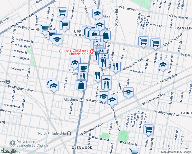 map of restaurants, bars, coffee shops, grocery stores, and more near 1225-1299 West Ontario Street in Philadelphia