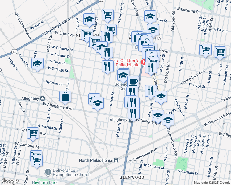 map of restaurants, bars, coffee shops, grocery stores, and more near 1614 West Ontario Street in Philadelphia