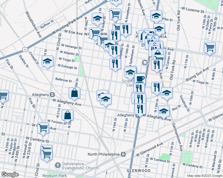 map of restaurants, bars, coffee shops, grocery stores, and more near 3338 North 17th Street in Philadelphia
