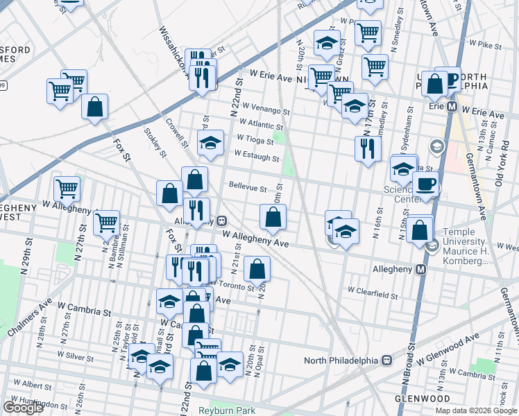 map of restaurants, bars, coffee shops, grocery stores, and more near 3315 North 21st Street in Philadelphia