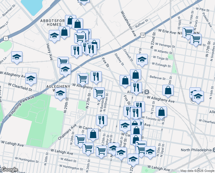 map of restaurants, bars, coffee shops, grocery stores, and more near 3241 North Stillman Street in Philadelphia