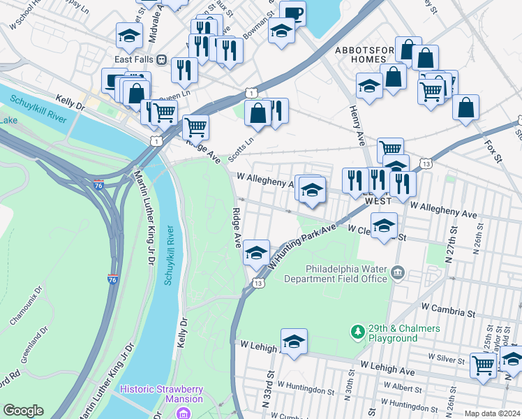 map of restaurants, bars, coffee shops, grocery stores, and more near 3114 North Shedwick Street in Philadelphia