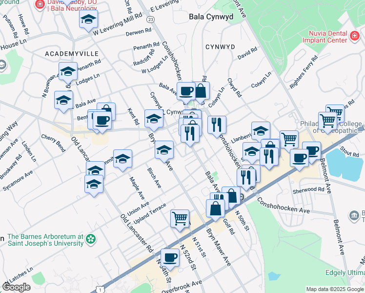 map of restaurants, bars, coffee shops, grocery stores, and more near 200 Bala Avenue in Bala Cynwyd
