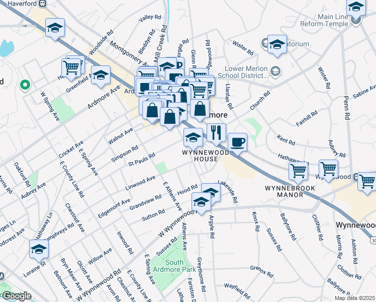 map of restaurants, bars, coffee shops, grocery stores, and more near 116 Argyle Road in Ardmore