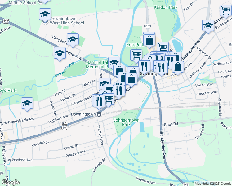 map of restaurants, bars, coffee shops, grocery stores, and more near 40 West Pennsylvania Avenue in Downingtown