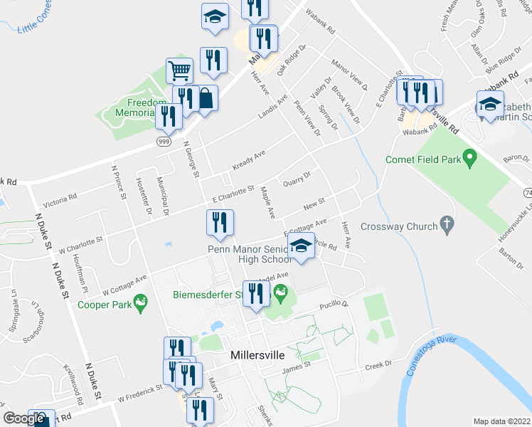 map of restaurants, bars, coffee shops, grocery stores, and more near 328 Maple Avenue in Millersville