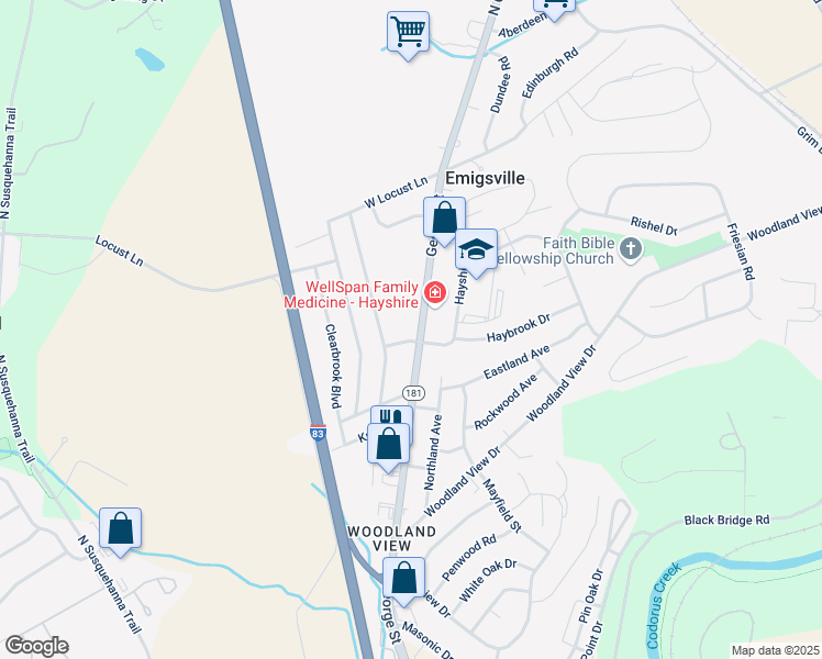 map of restaurants, bars, coffee shops, grocery stores, and more near 2740 North George Street in York
