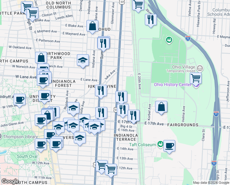 map of restaurants, bars, coffee shops, grocery stores, and more near 401 East Lane Avenue in Columbus