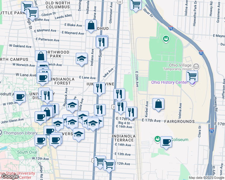map of restaurants, bars, coffee shops, grocery stores, and more near 2086 Iuka Avenue in Columbus