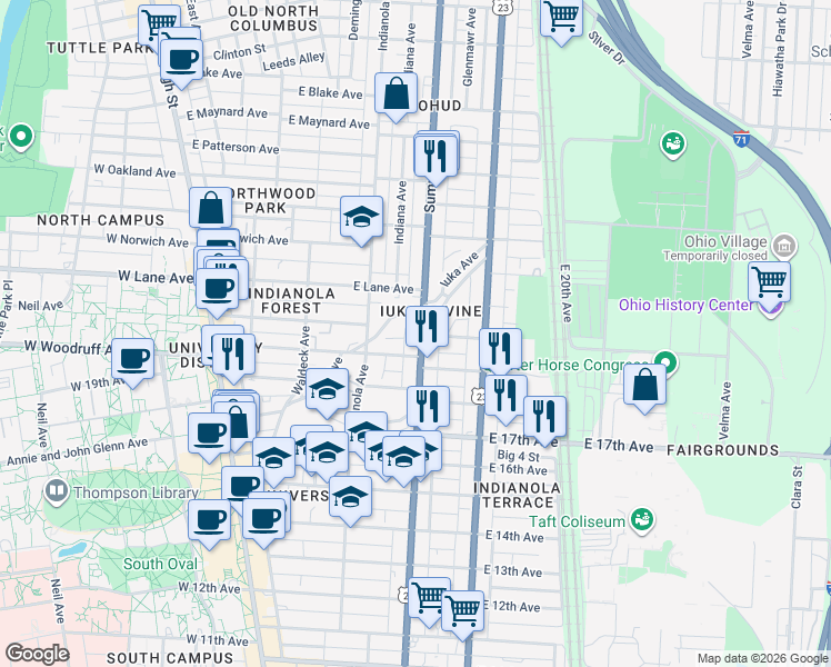 map of restaurants, bars, coffee shops, grocery stores, and more near in Columbus