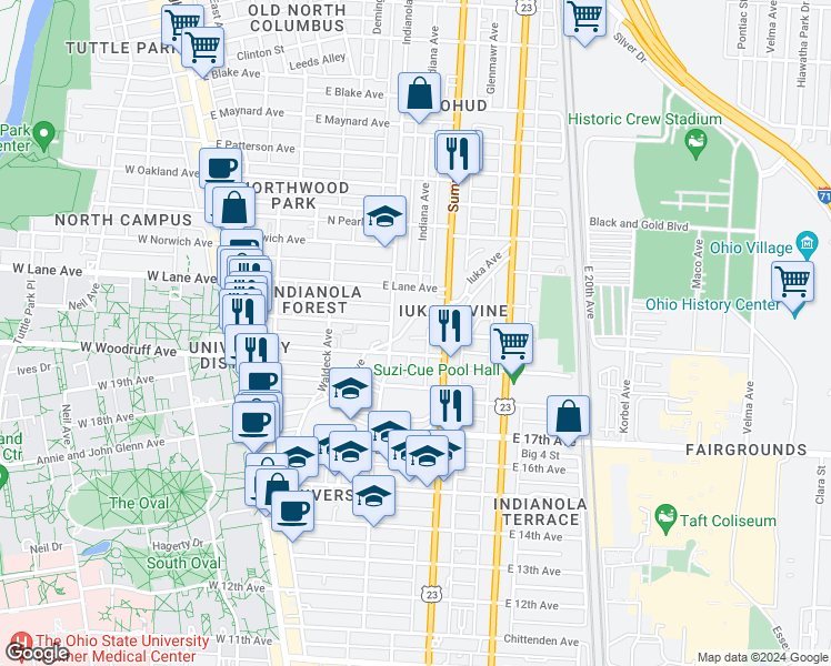 map of restaurants, bars, coffee shops, grocery stores, and more near in Columbus