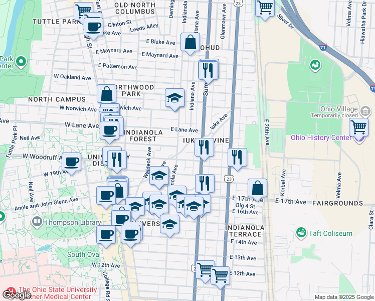 map of restaurants, bars, coffee shops, grocery stores, and more near in Columbus