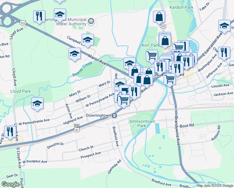 map of restaurants, bars, coffee shops, grocery stores, and more near 130 West Pennsylvania Avenue in Downingtown