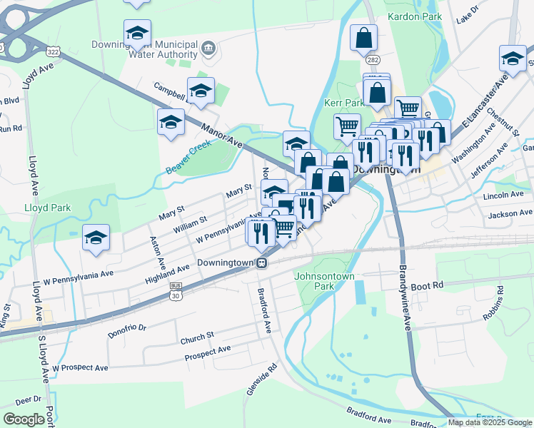 map of restaurants, bars, coffee shops, grocery stores, and more near 130 West Pennsylvania Avenue in Downingtown