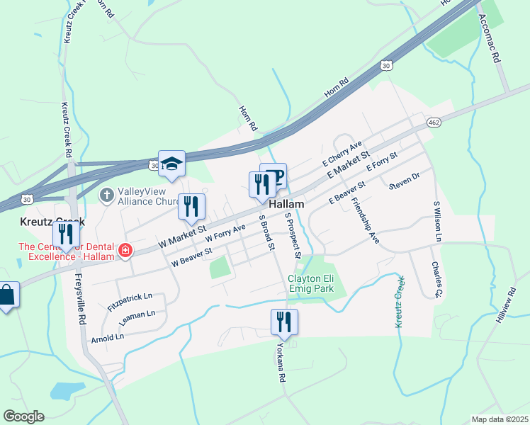 map of restaurants, bars, coffee shops, grocery stores, and more near 80 West Market Street in York