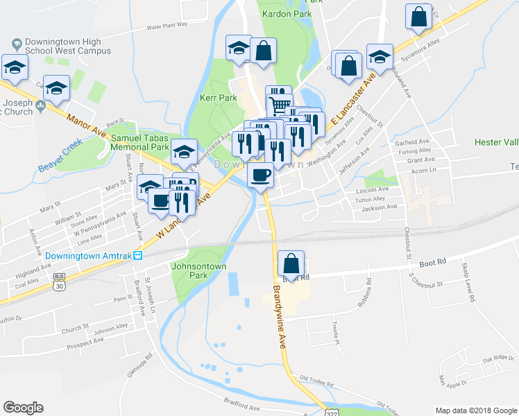 map of restaurants, bars, coffee shops, grocery stores, and more near 132 Brandywine Avenue in Downingtown