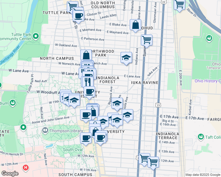 map of restaurants, bars, coffee shops, grocery stores, and more near 2043 Waldeck Avenue in Columbus