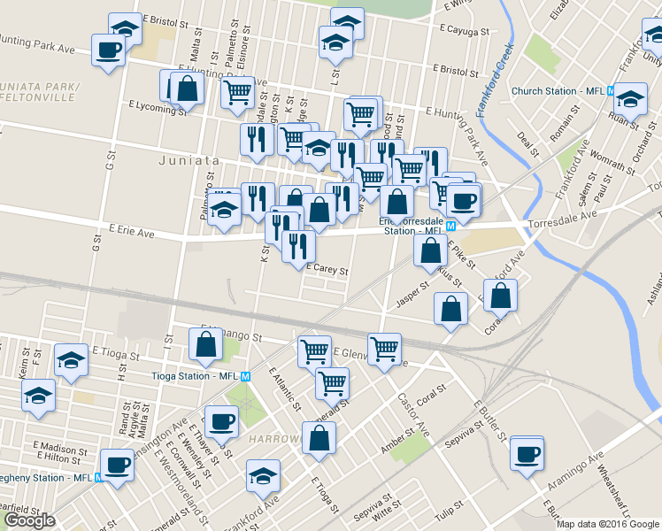 map of restaurants, bars, coffee shops, grocery stores, and more near 1339 East Carey Street in Philadelphia