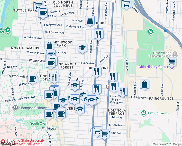 map of restaurants, bars, coffee shops, grocery stores, and more near 2040 Iuka Avenue in Columbus