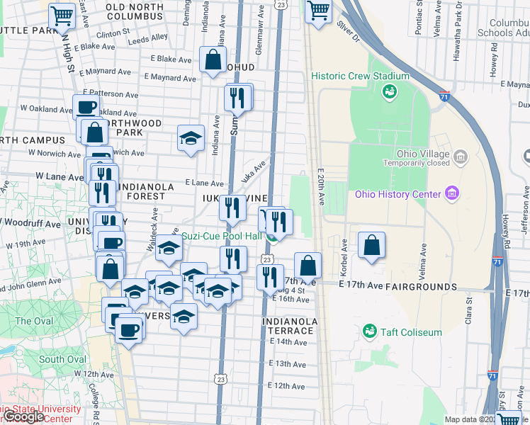 map of restaurants, bars, coffee shops, grocery stores, and more near 401 East Lane Avenue in Columbus