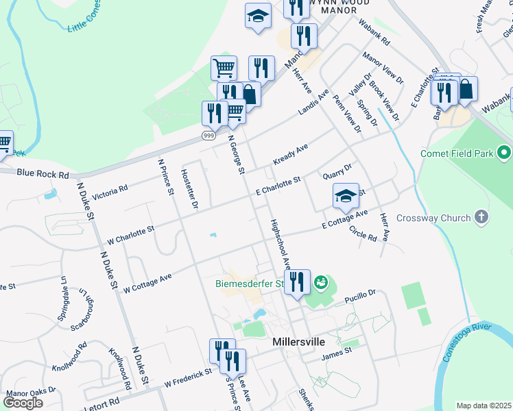 map of restaurants, bars, coffee shops, grocery stores, and more near 340 North George Street in Millersville