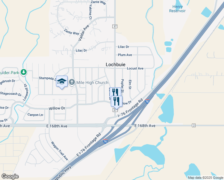 map of restaurants, bars, coffee shops, grocery stores, and more near 126 Zante Street in Lochbuie