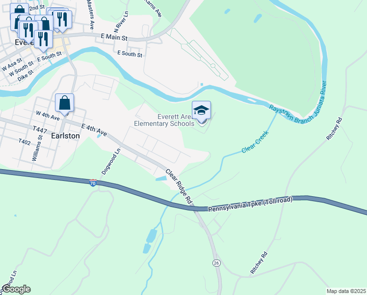 map of restaurants, bars, coffee shops, grocery stores, and more near 410 1/2 East Pitt Street in Bedford