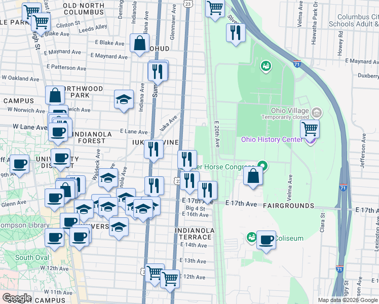 map of restaurants, bars, coffee shops, grocery stores, and more near 412 East 20th Avenue in Columbus