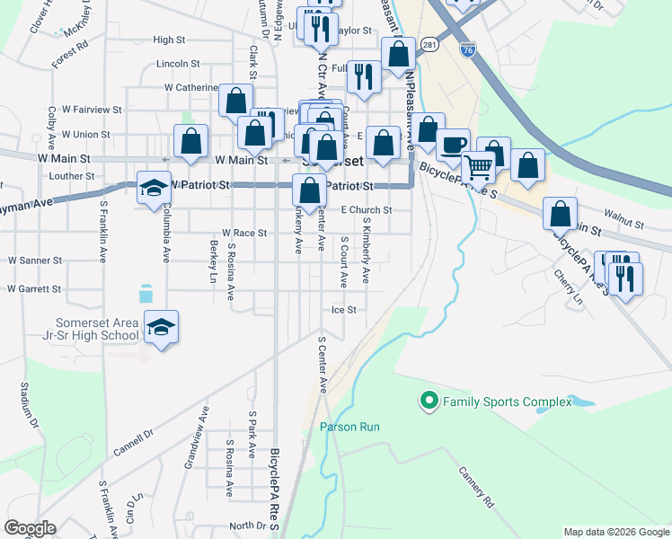 map of restaurants, bars, coffee shops, grocery stores, and more near 433 South Center Avenue in Somerset
