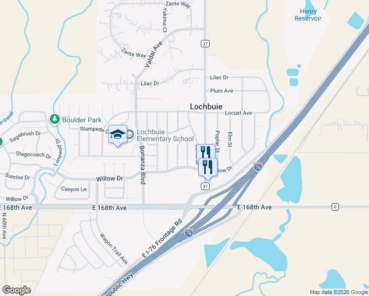 map of restaurants, bars, coffee shops, grocery stores, and more near 117 Yakima Street in Lochbuie