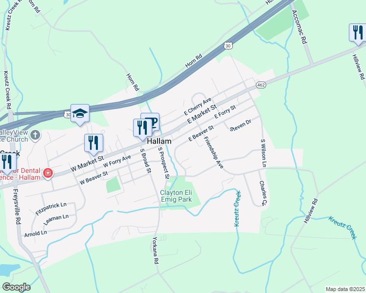 map of restaurants, bars, coffee shops, grocery stores, and more near 140 East Beaver Street in Hallam