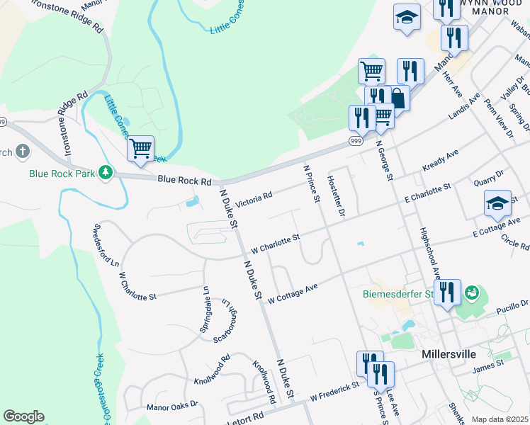map of restaurants, bars, coffee shops, grocery stores, and more near 48 Kendes Road in Millersville