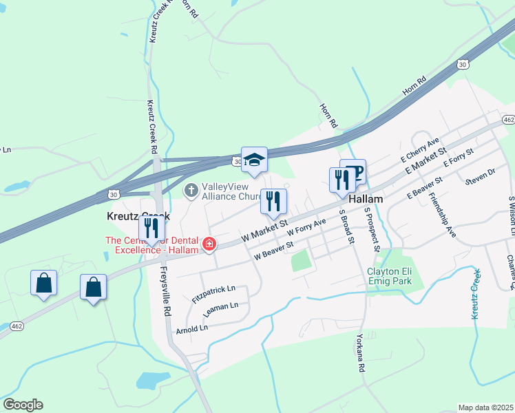 map of restaurants, bars, coffee shops, grocery stores, and more near 50 North Lee Street in Hallam