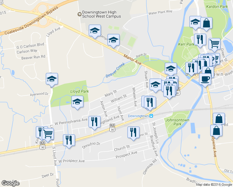 map of restaurants, bars, coffee shops, grocery stores, and more near 390 Mary Street in Downingtown
