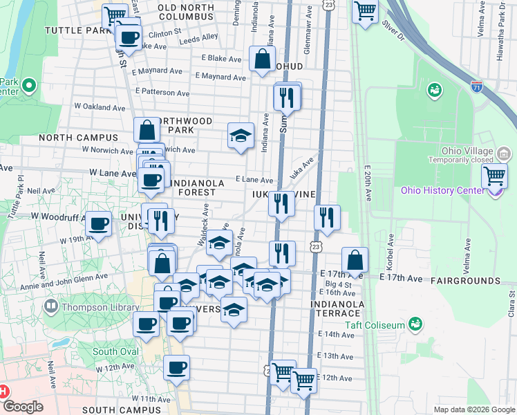 map of restaurants, bars, coffee shops, grocery stores, and more near in Columbus