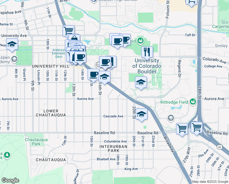 map of restaurants, bars, coffee shops, grocery stores, and more near 955 Broadway in Boulder