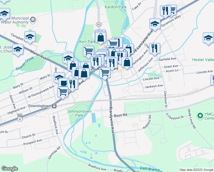 map of restaurants, bars, coffee shops, grocery stores, and more near 112 Brandywine Avenue in Downingtown