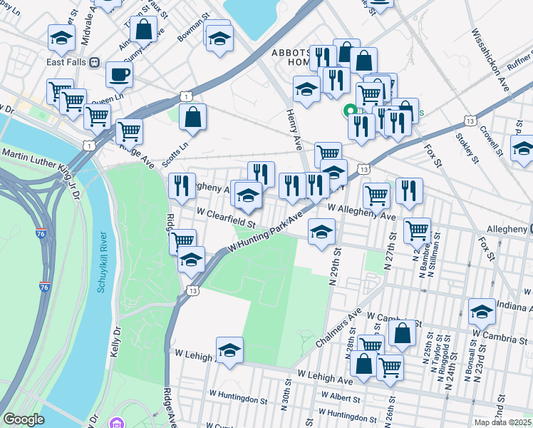 map of restaurants, bars, coffee shops, grocery stores, and more near 3127 North 32nd Street in Philadelphia