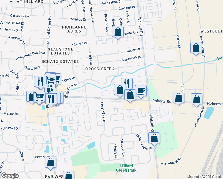map of restaurants, bars, coffee shops, grocery stores, and more near 5113 Bressler Drive in Hilliard